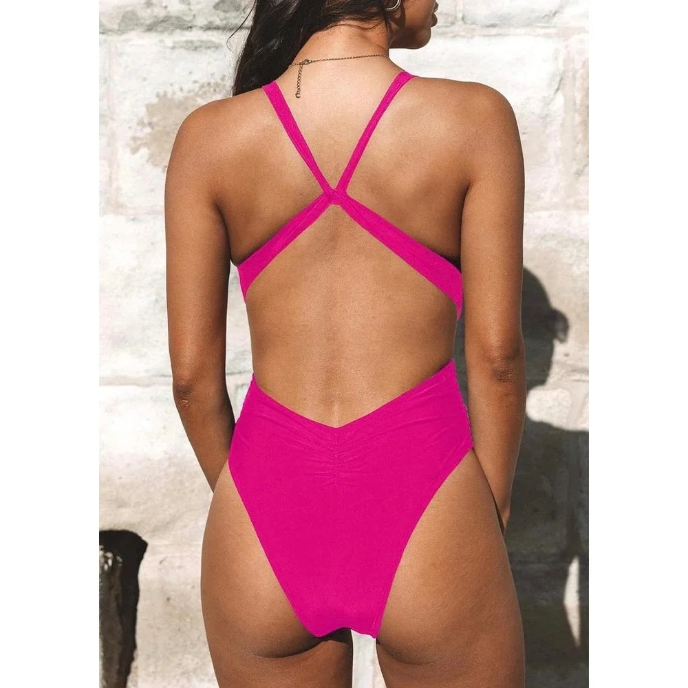 NEW CUPSHE Womens Hot Pink Deep V Neck Cut Out Cross Back One Piece Swimsuit XL